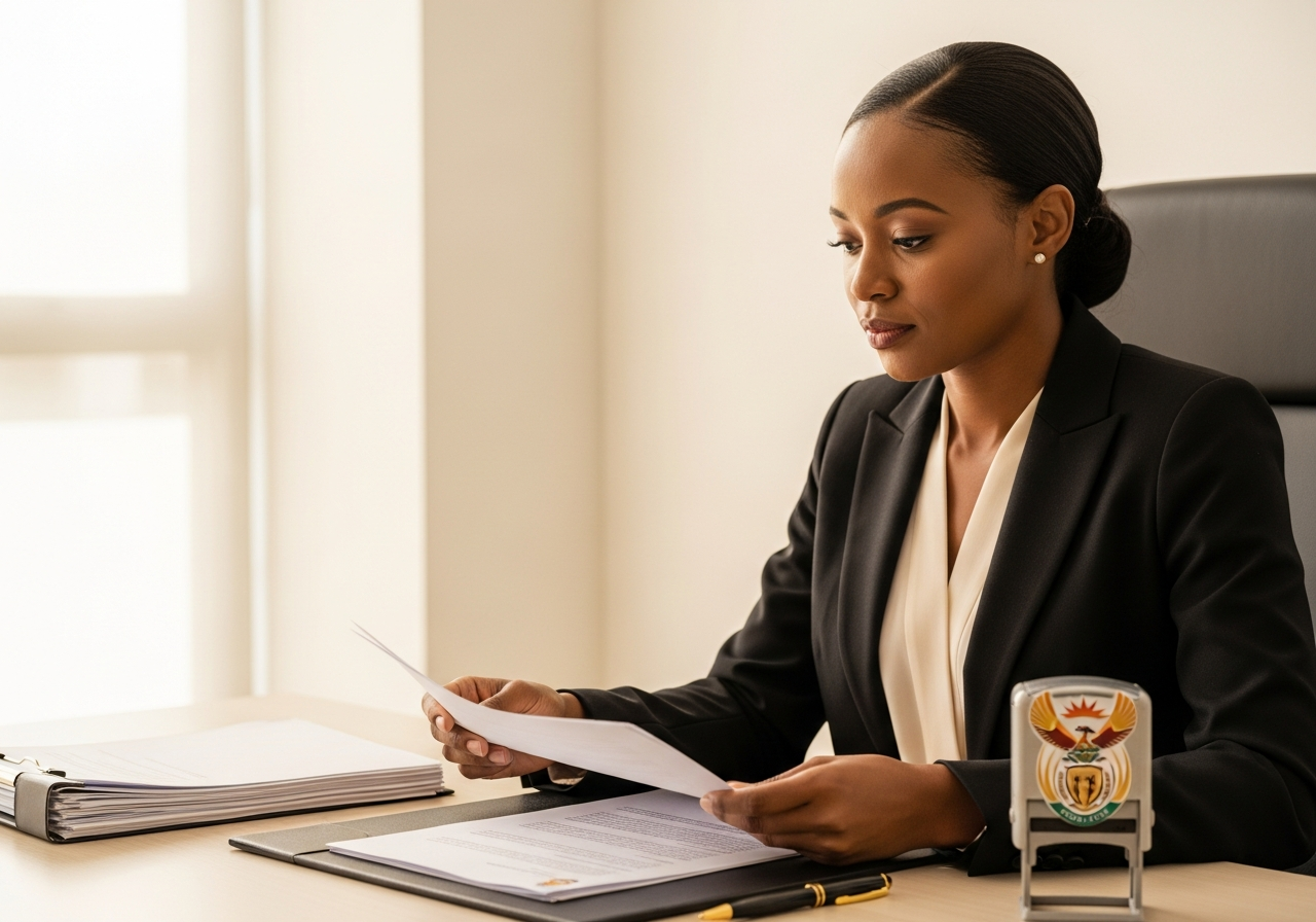 Notary reviewing and authenticating legal documents